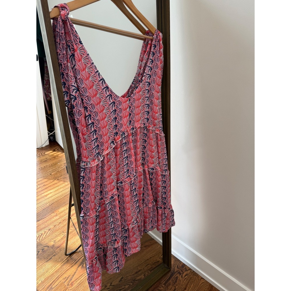 Simply Southern Pink Navy Seashell Tiered Ruffle Tie Shoulder Mini Dress Medium